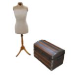 A mid 20th century mannequin, 149cm high, and a mid 20th century domed top trunk, 71 by 43 by 49cm