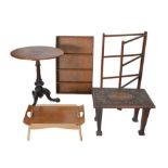 A group of furniture, comprising a Victorian oval inlaid side table, with tripod base, 62 by 44 by