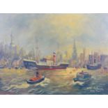 Uve Petersen (20th century): 'Hamburg', a view of the harbour with the steamship 'Vadeik' to the