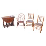 A group of 19th century furniture, comprising an elm seated open armchair, oak drop leaf table, 78