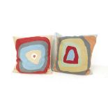 Two abstract design square cushions, approximately 43cm by 44cm by 16cm. (2)