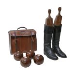 A pair of vintage leather hunting boots a cased set of four lignum vitae bowls