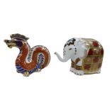 Two Royal Crown Derby paperweights, comprising an Imari Indian elephant, together with a dragon,