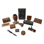 A group of wooden items, including boxes and carvings.