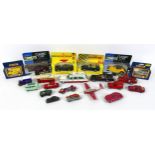 A collection of playworn model vehicles, including a Dinky Porsche 356A in red with spun hubs and