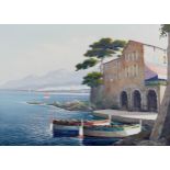 An oil on canvas of two boats in a European harbour scene, bears signature lower right, 49.5 by