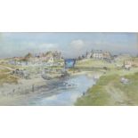 T. S. Hutton (British, 1865-1935): coastal scene with sluice gate, watercolour, signed, 45 by 26.