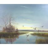 Thomas Kennedy (British, 1900-1981): 'Dawn - Near Kirby Cross - Essex', an oil on canvas landscape