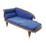A Victorian chaise longue, with mahogany frame and blue upholstery, raised upon brass castors, a/