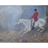 British school (early 20th century): huntsmen riding his horse through undergrowth oil on board,