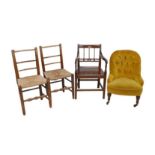 A group of four chairs, comprising a Regency open armchair, an Edwardian tub chair upholstered in