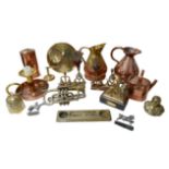 A collection of assorted brass and other metal wares, including a brass figurine of a chimera '