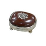 A Victorian tonka bean snuff box with silver mounts, bearing a silver monogram to its lid 'ECMS',