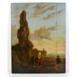 An unframed oil on board depicting six figures at the base of ruins, unsigned, a/f board split and