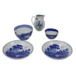 Five pieces of 19th century English blue and white, inlcuding three pieces of Worcester, a milk jug,