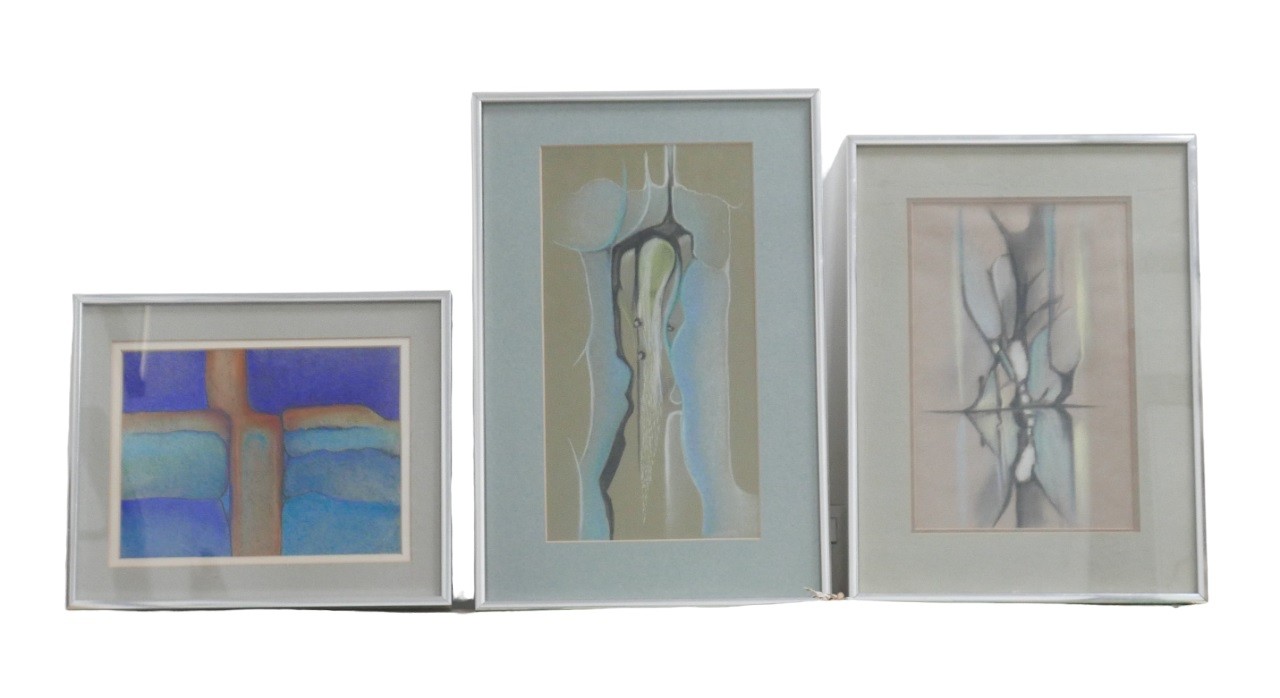 Pam Roberts (Welsh, late 20th century): Three abstract pastels, including 'Blue and Red', signed and