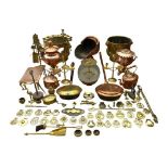 A large collection of brass and other metal wares, including two log bins, fire irons, horse