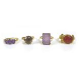 Three 9ct gold dress rings, comprising an pale amethyst style ring, its rectangular stone 14 by