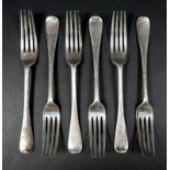 A set of six Victorian silver forks, Old English pattern, terminals engraved with an armorial
