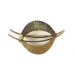 A 9ct gold and pearl brooch of modernist double leaf form, set with a cultured pearl, 5.2cm, 5.0g.