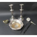 A collection of silver and silver plate, including a Victorian silver hip flask cup/base, bearing