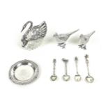 A collection of silver, white metal, and plated wares, comprising two silver plated pheasants, 13.