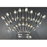 A group of silver flatware, mostly spoons, 22 to 11cm, together with a silver caddy spoon, 8cm,