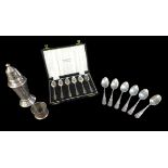 A collection of silver, including a sugar sifter with weighted base, cased set of six teaspoons