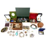 A collection of costume jewellery and wristwatches, together with a number of coins and a WWI