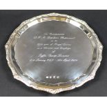 An Irish Elizabeth II silver tray, with Celtic motif encrusted pie crust rim, presentation