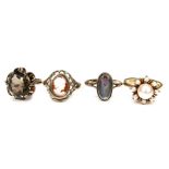 Four 9ct gold dress rings, comprising a cameo ring, size K/L, a black opal style ring, the oval