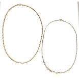 Two 9ct gold necklaces, comprising a contemporary design necklace with flat platelet detail, 39cm