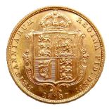 A Victoria Jubilee head shield back gold half sovereign, 1887, Melbourne, Australia mint.