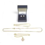 A group of 9ct gold jewellery, comprising a flat chain necklace 39.5cm long, similar style bracelet,