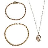 Three pieces of 9ct gold jewellery, comprising an oval locket pendant, 1 by 2cm, with chain