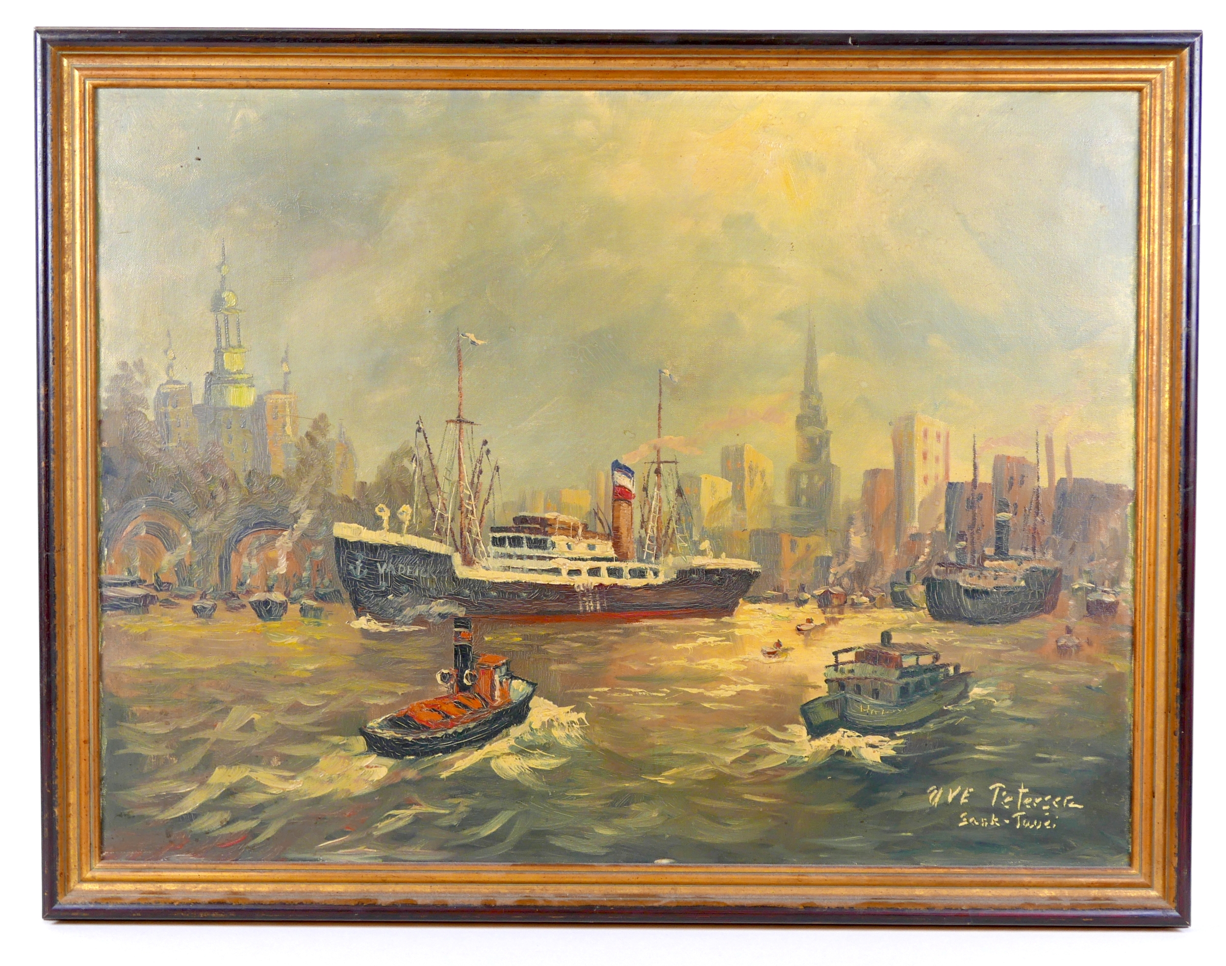 Uve Petersen (20th century): 'Hamburg', a view of the harbour with the steamship 'Vadeik' to the - Image 2 of 6