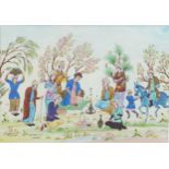 A Persian watercolour drawing, depicting a group of musicians, with a hookah, at a picnic, 31 by