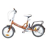 A retro 'Roadrunner' Hemingway Design folding shopper bicycle, brown painted with multicolour logo.