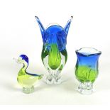 A group of coloured Art Glass ornaments, clear, blue and green glass, circa 1960s, Joseph