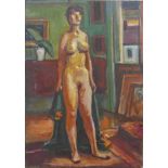 Gabor Miklossy (Romanian, 1912-1988): 'Nude in the studio' oil on canvas, unsigned, bearing label