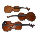 Three 19th century continental violins, comprising one bearing a label 'Dominicus Montaenina Sub.