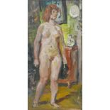 Gabor Miklossy (Romanian, 1912-1988): 'Distant thoughts' standing female nude oil on board, unsigned