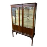 An Edwardian mahogany display cabinet, twin doors enclosing two glass shelves.