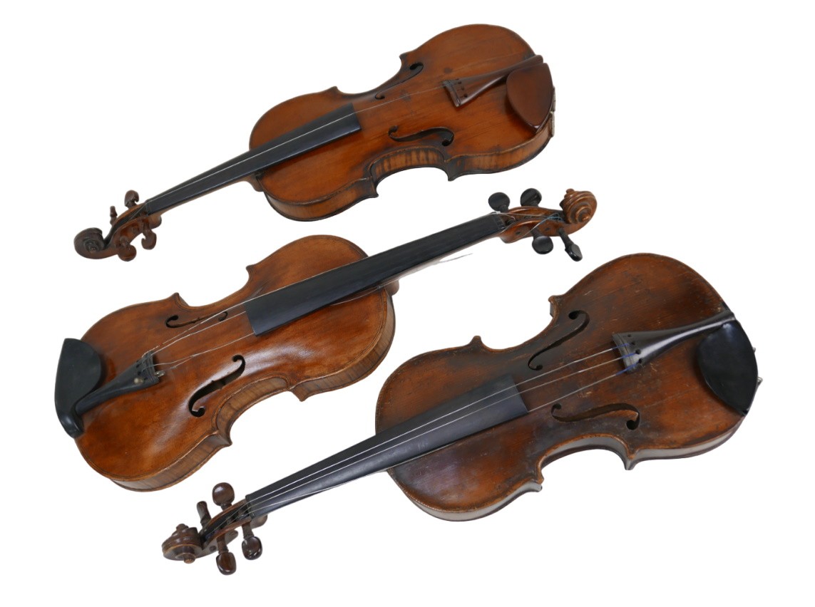 Three 19th century and later violins, comprising one bearing label 'Nicolaus Gagliano Filius