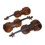Three 19th century and later violins, comprising one bearing label 'Nicolaus Gagliano Filius