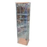 A tall glass display unit, with single door and removable shelves.