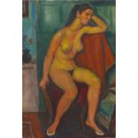 Gabor Miklossy (Romanian, 1912-1988): 'Musing' seated female nude oil on canvas, unsigned but