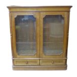 A French late 19th century oak bookcase, twin glazed doors enclosing shelves, over two drawers