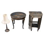 A group of early 20th century chinoiserie furniture, comprising a nest of three tables, largest 48.5