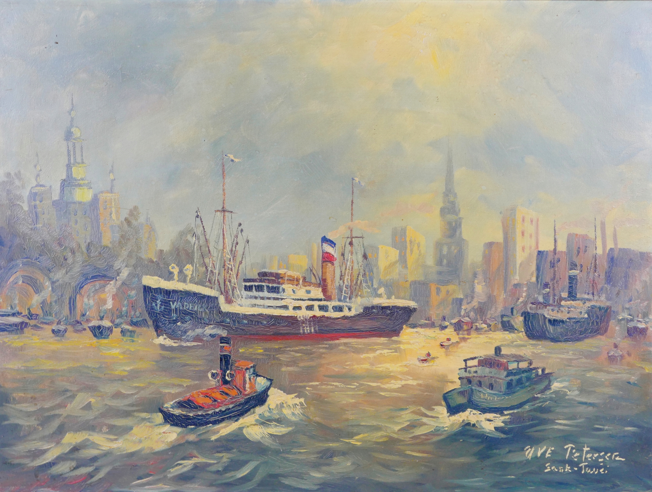 Uve Petersen (20th century): 'Hamburg', a view of the harbour with the steamship 'Vadeik' to the